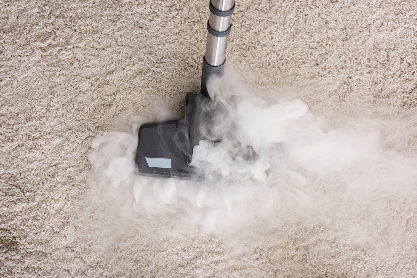 Top view of brush of vacuum cleaner with hot steam on carpet at home Top view of brush of vacuum cleaner with hot steam on carpet at home